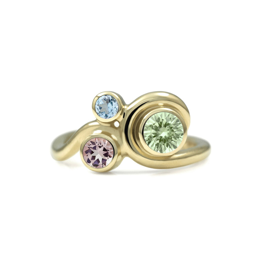 Entwine three stone gemstone engagement ring - 9ct yellow gold and beryl - green beryl, morganite and aquamarine