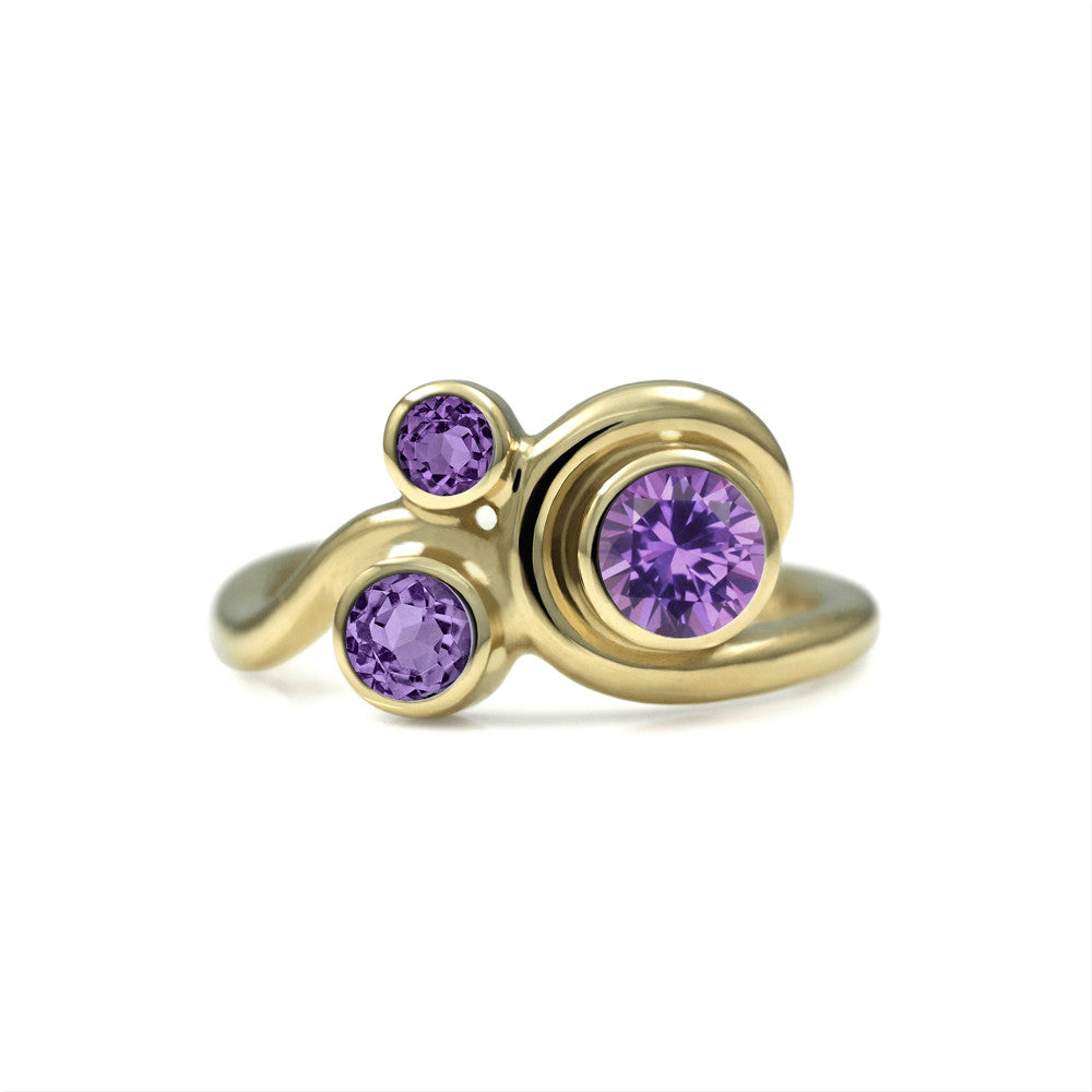 Entwine three stone  sapphire engagement ring -  9ct yellow gold and purple sapphire