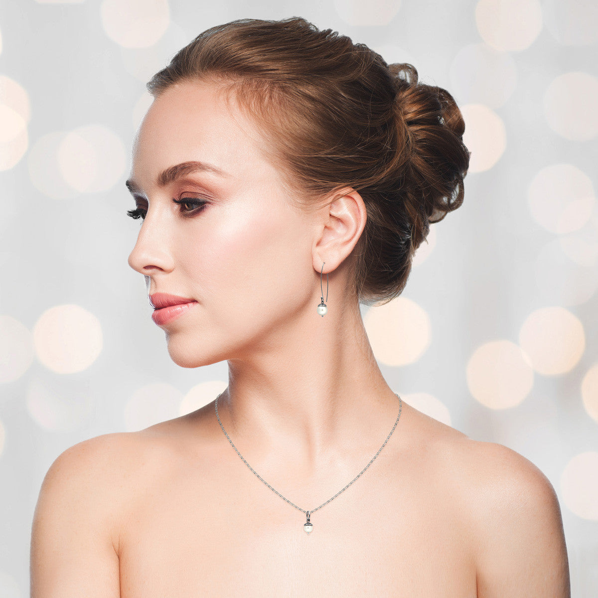 Sterling silver and gemstone acorn charm pendant - white pearl model