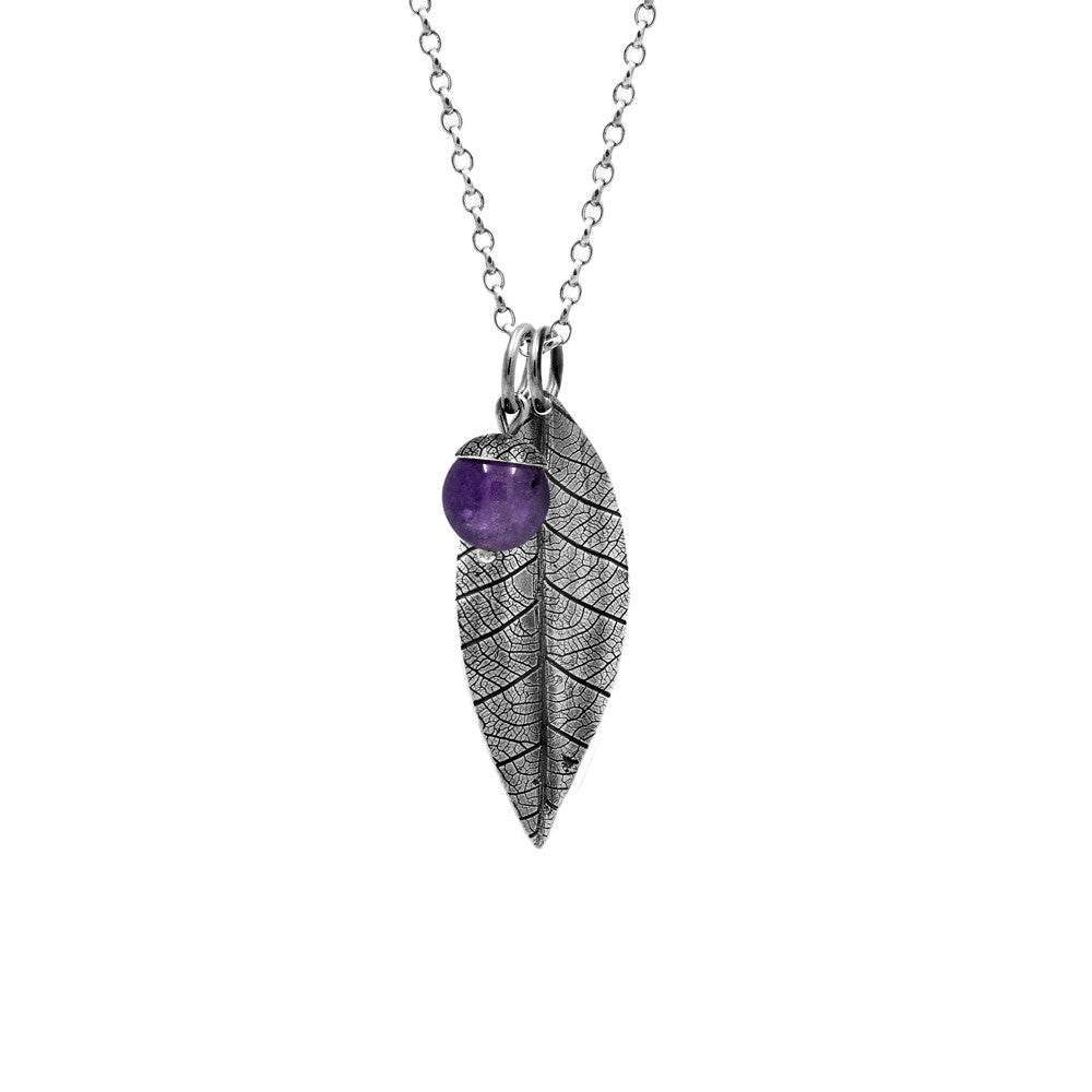 Sterling silver leaf pendant with acorn charm - amethyst - woodland charm pendant