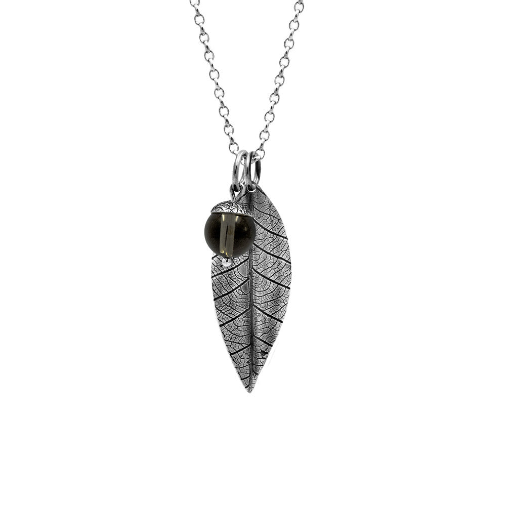 sterling silver leaf and acorn pendant with brown smoky quartz