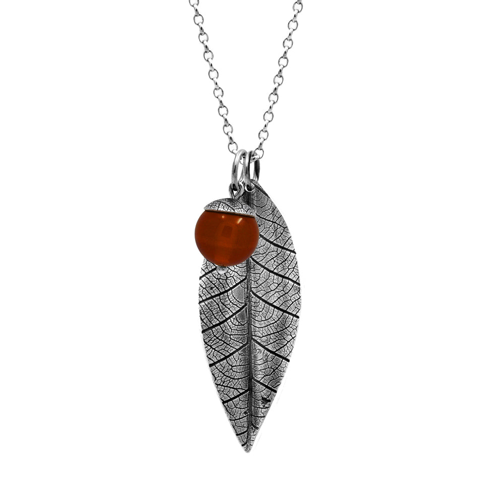 sterling silver leaf and acorn pendant with red carnelian