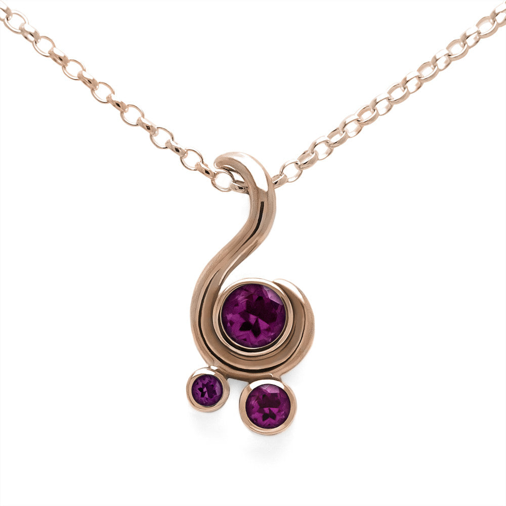 Entwine three stone gemstone pendant in 9ct gold - rose gold and rhodolite garnet