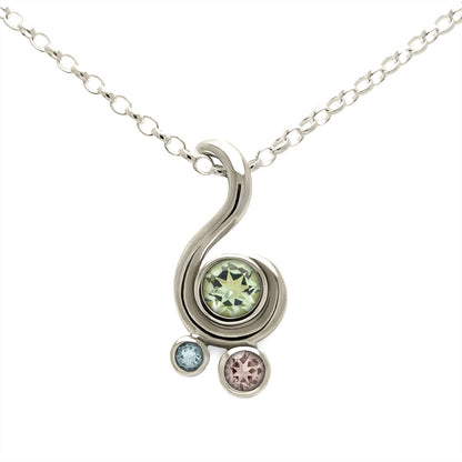 Entwine three stone gemstone pendant in 9ct gold - white gold, green beryl, morganite and aquamarine
