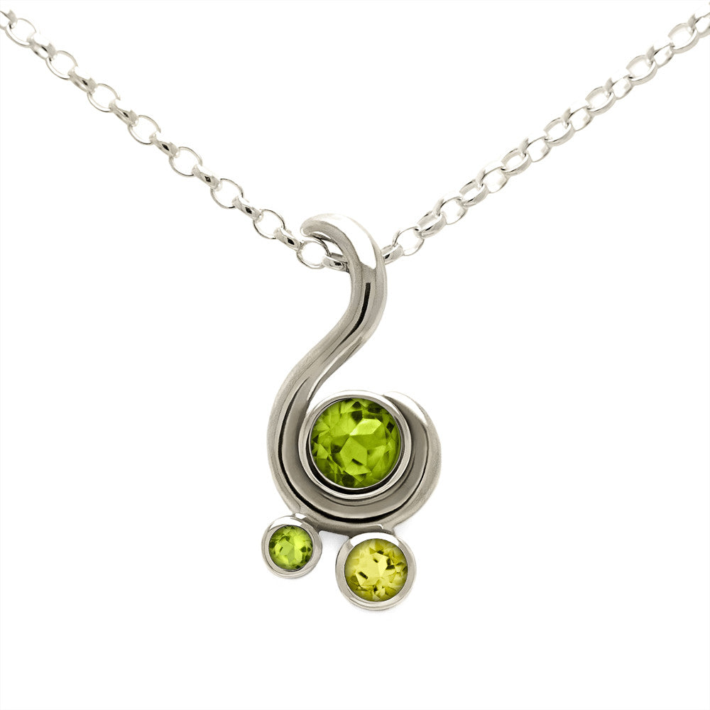 Entwine three stone gemstone pendant in 9ct gold - white gold, peridot and lemon quartz