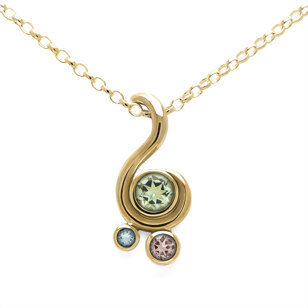 Entwine three stone gemstone pendant in 9ct gold - yellow gold, green beryl, morganite and aquamarine