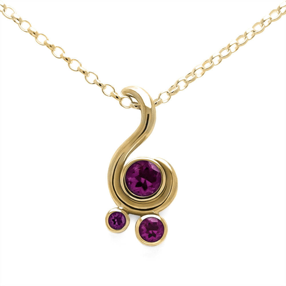 Entwine three stone gemstone pendant in 9ct gold - yellow gold and rhodolite garnet