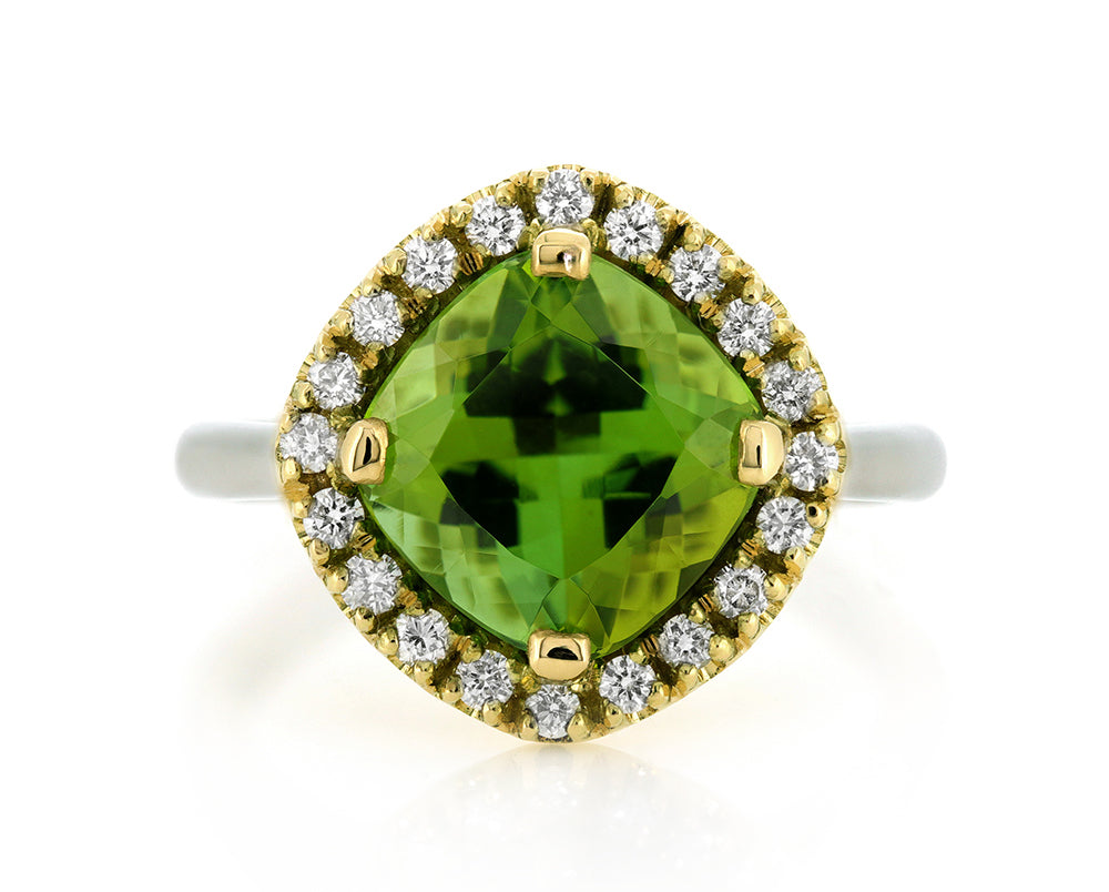 Handmade bespoke engagement ring in platinum, gold, green tourmaline and diamond - unusual and unique engagement ring - green engagement ring
