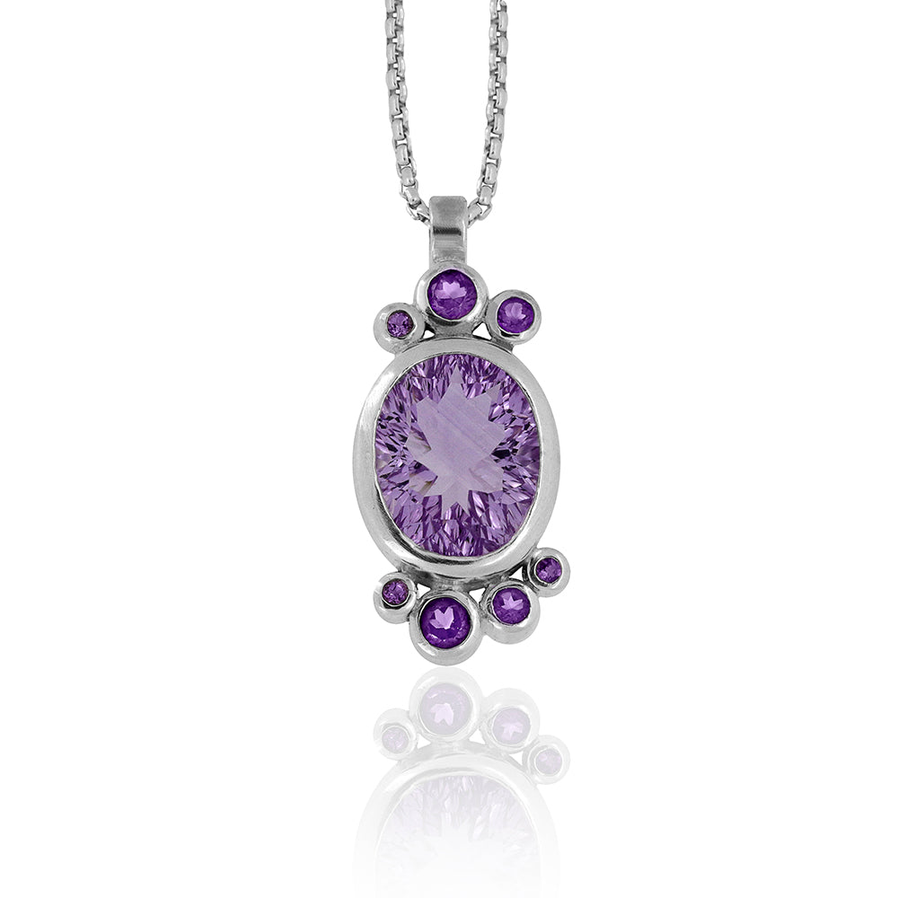 Halo cluster pendant in sterling silver and amethyst - ready to wear