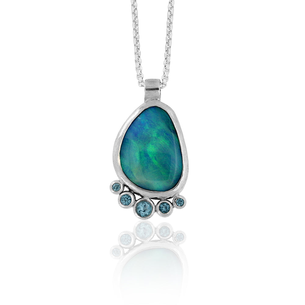Halo cluster pendant in sterling silver, opal and blue topaz - ready to wear