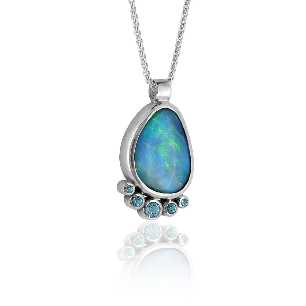 Dewdrop cluster pendant - sterling silver, opal and blue topaz - ready to wear