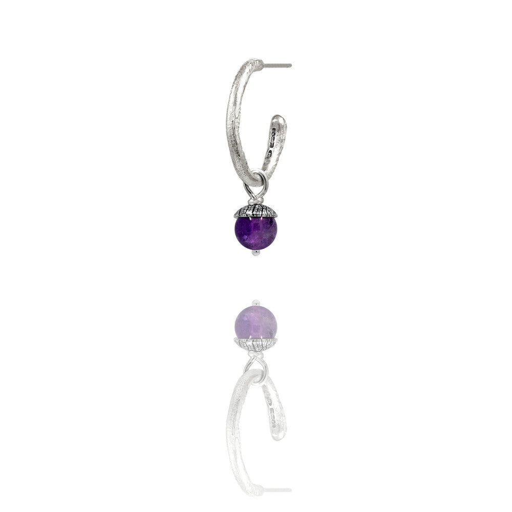sterling silver textured twig hoop earrings with interchangeable purple amethyst acorn drops. Handmade in Salisbury, Wiltshire.