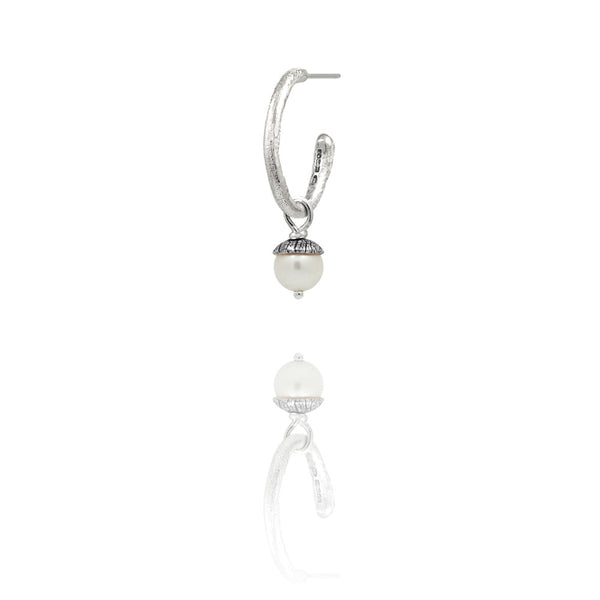 sterling silver textured twig hoop earrings with interchangeable white pearl acorn drops