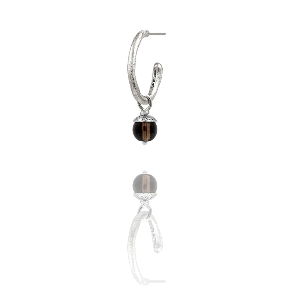 sterling silver textured twig hoop earrings with interchangeable brown smoky quartz acorn drops