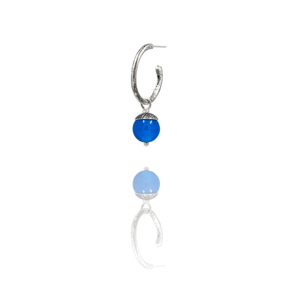 sterling silver textured twig hoop earrings with interchangeable blue agate acorn drops. Handmade in Salisbury, Wiltshire.