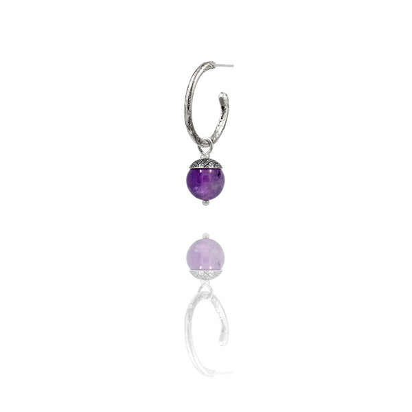 sterling silver textured twig hoop earrings with interchangeable purple amethyst charm drops