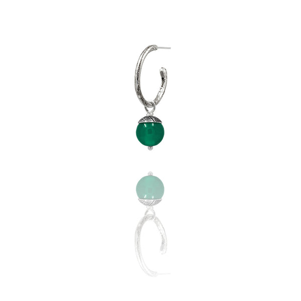 sterling silver textured twig hoop earrings with interchangeable green agate acorn drops. Handmade in Salisbury, Wiltshire.