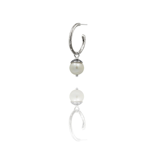 sterling silver textured twig hoop earrings with interchangeable white acorn drops. Handmade in Salisbury, Wiltshire.