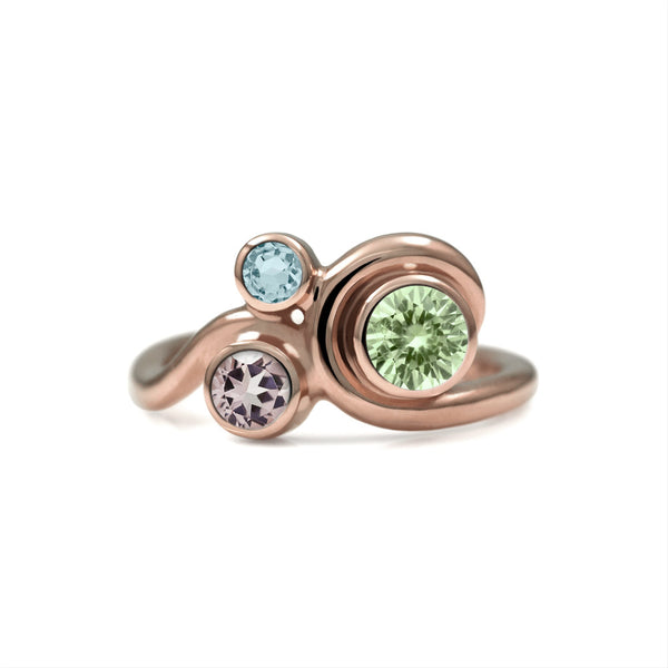 Entwine three stone gemstone engagement ring - 9ct rose gold and beryl - green beryl, morganite and aquamarine