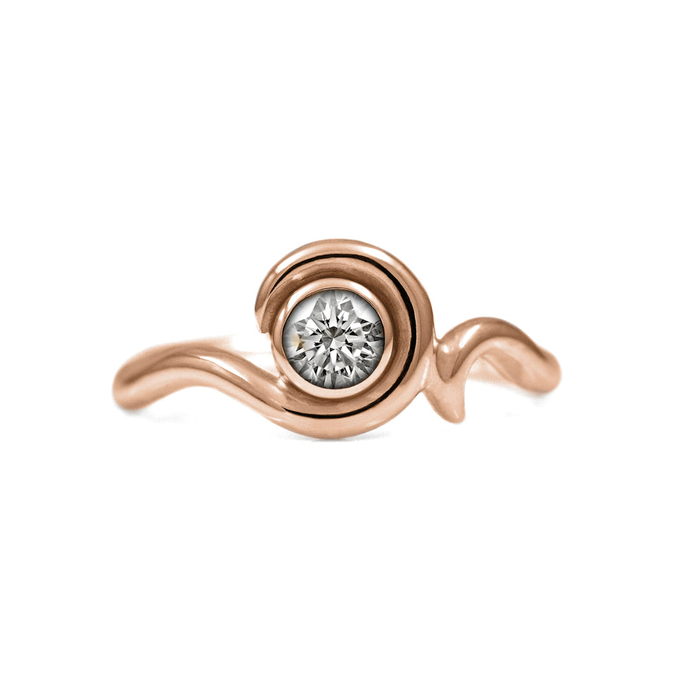 Entwine engagement ring handmade in recycled 18ct rose gold and set with an ethically sourced natural diamond. Delicate 2mm band with a 4.5mm 0.35ct diamond. Handmade in Salisbury, Wiltshire. 