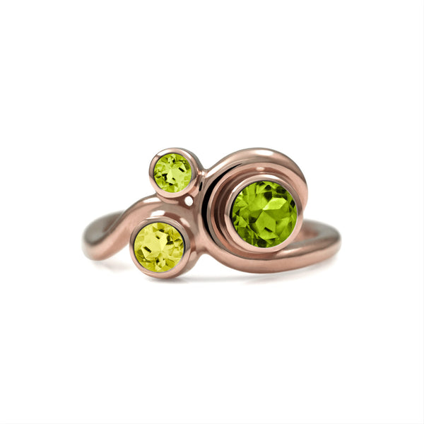Entwine three stone gemstone engagement ring - 9ct rose gold, peridot and lemon quartz