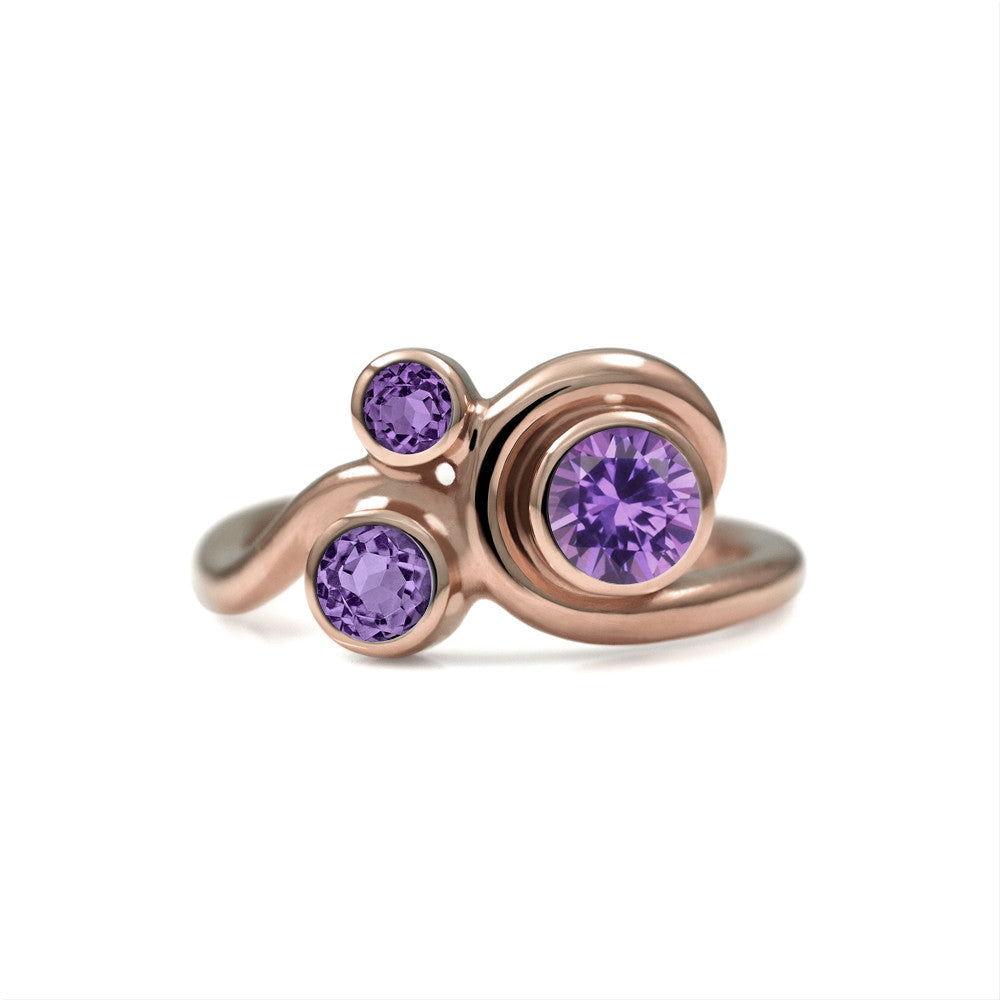 Entwine three stone  sapphire engagement ring -  9ct rose gold and purple sapphire