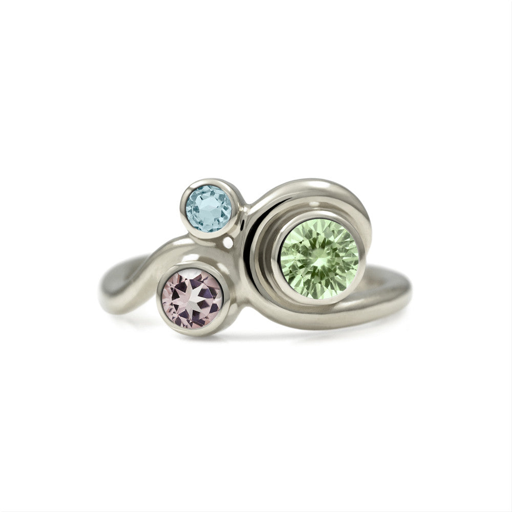 Entwine three stone gemstone engagement ring - 9ct white gold and beryl - green beryl, morganite and aquamarine