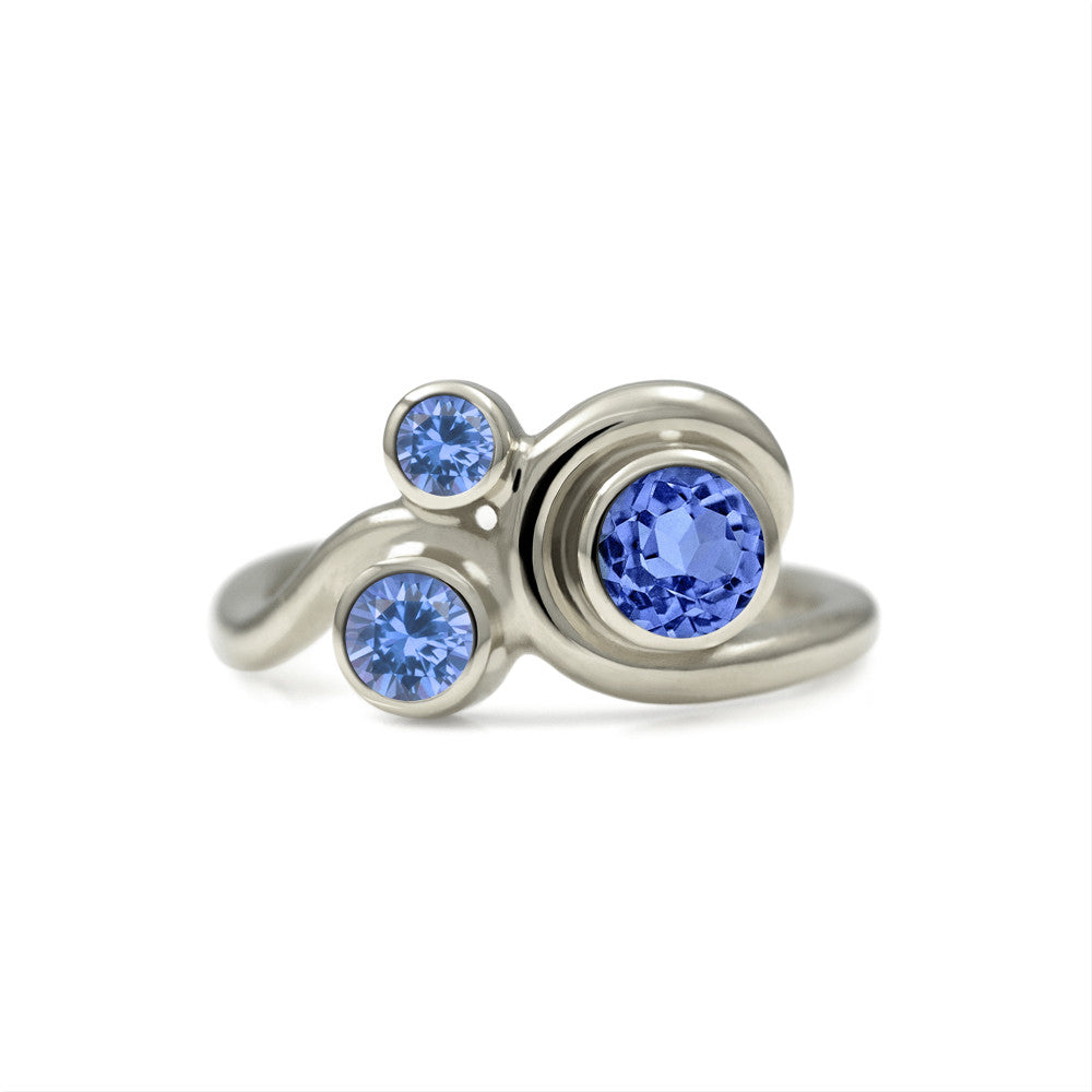 Entwine three stone  sapphire engagement ring -   9ct  white gold and blue sapphire