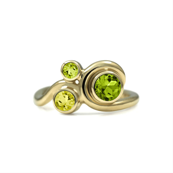 Entwine three stone gemstone engagement ring - 9ct yellow gold, peridot and lemon quartz