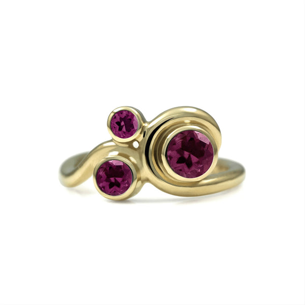 Entwine three stone gemstone engagement ring - 9ct yellow gold and red garnet