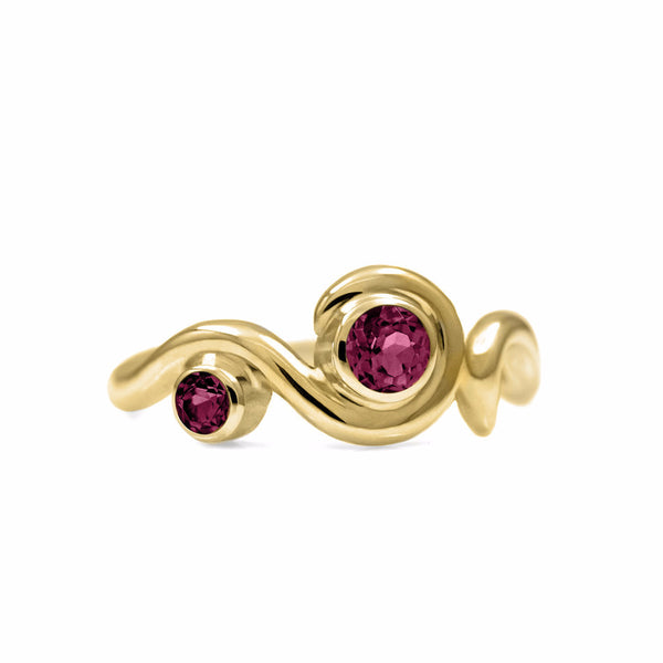 Entwine two stone gemstone engagement ring - 9ct yellow gold and rhodolite garnet