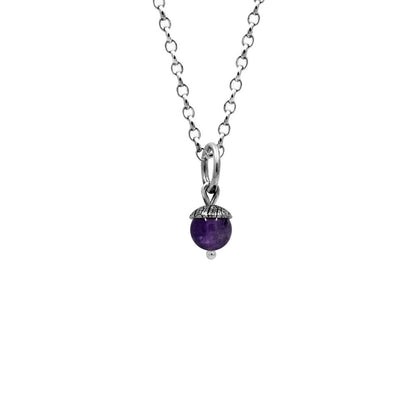 Sterling silver and gemstone acorn charm pendant - small - purple amethyst