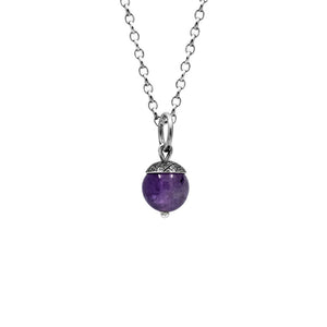Sterling silver and purple amethyst acorn charm pendant.  Can also be worn with silver leaf pendants and silver rose pendants. Handmade using recycled silver in Salisbury, Wiltshire.