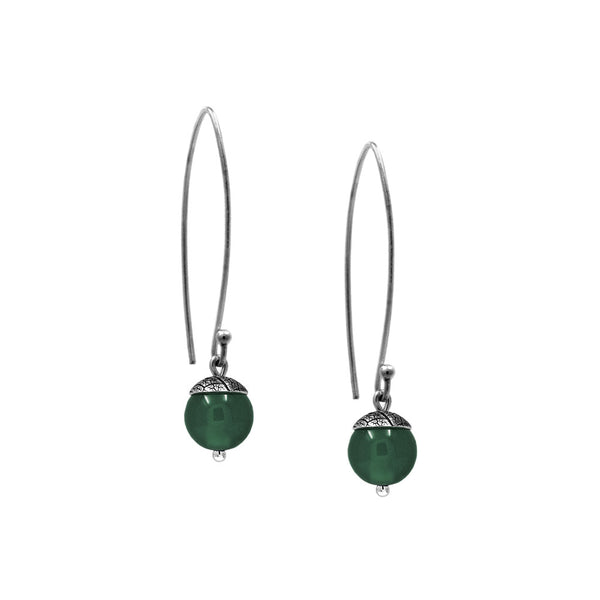 sterling silver acorn earrings with green agate. Handmade in Salisbury, Wiltshire.