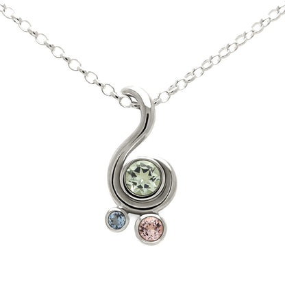 Entwine three stone gemstone pendant in sterling silver - green beryl, morgnaite and aquamarine