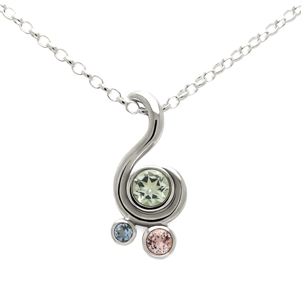 Entwine three stone gemstone pendant in sterling silver - green beryl, morgnaite and aquamarine