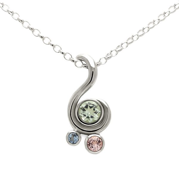 Entwine three stone beryl pendant in sterling silver - green beryl, morganite and aquamarine