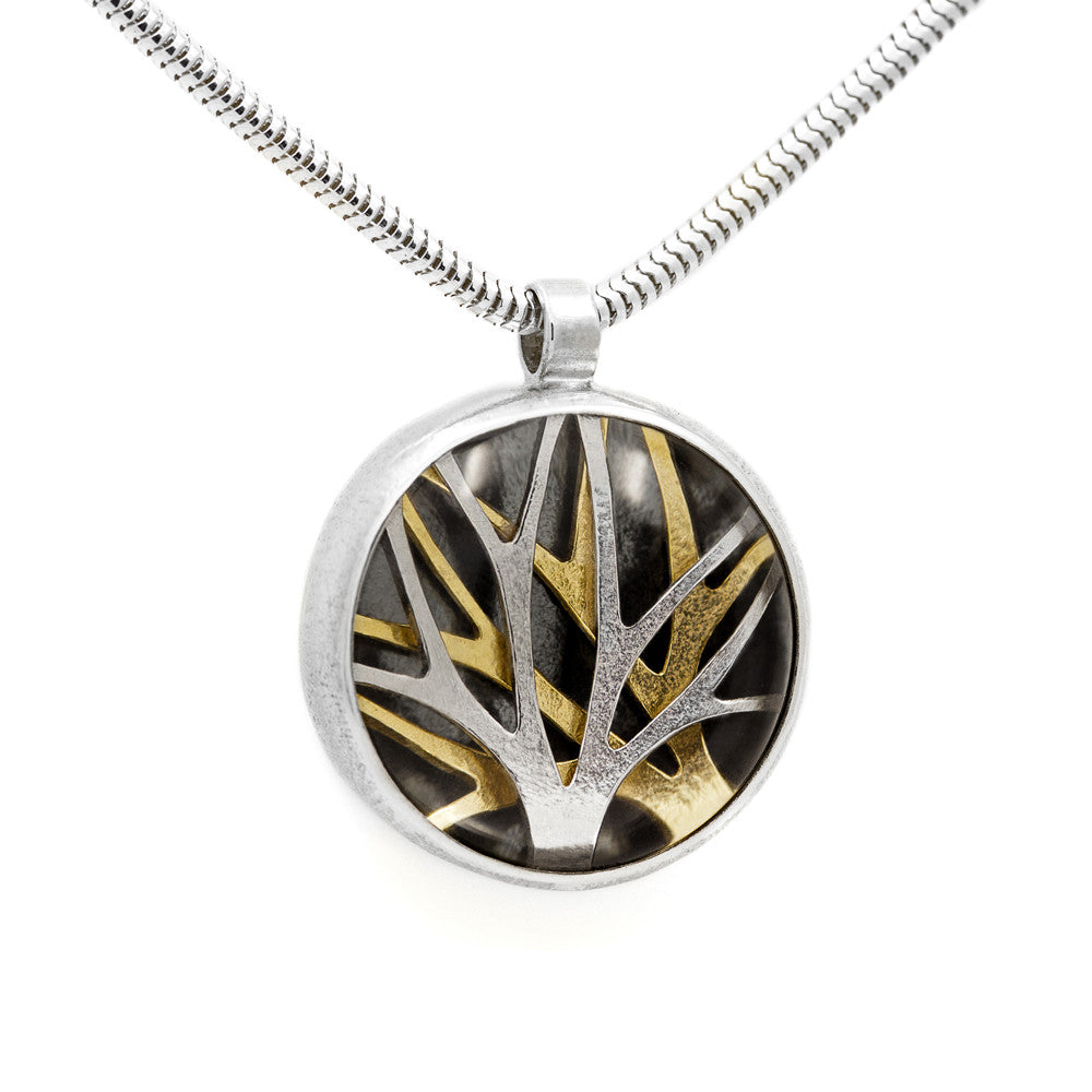 Sterling silver and gold enchanted forest tree pendant with clear quartz - angle