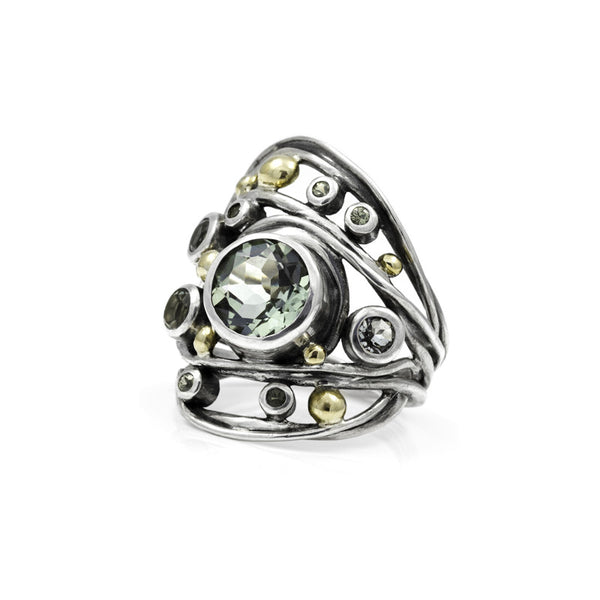 Sterling silver, green quartz and sapphire ring - READY TO WEAR