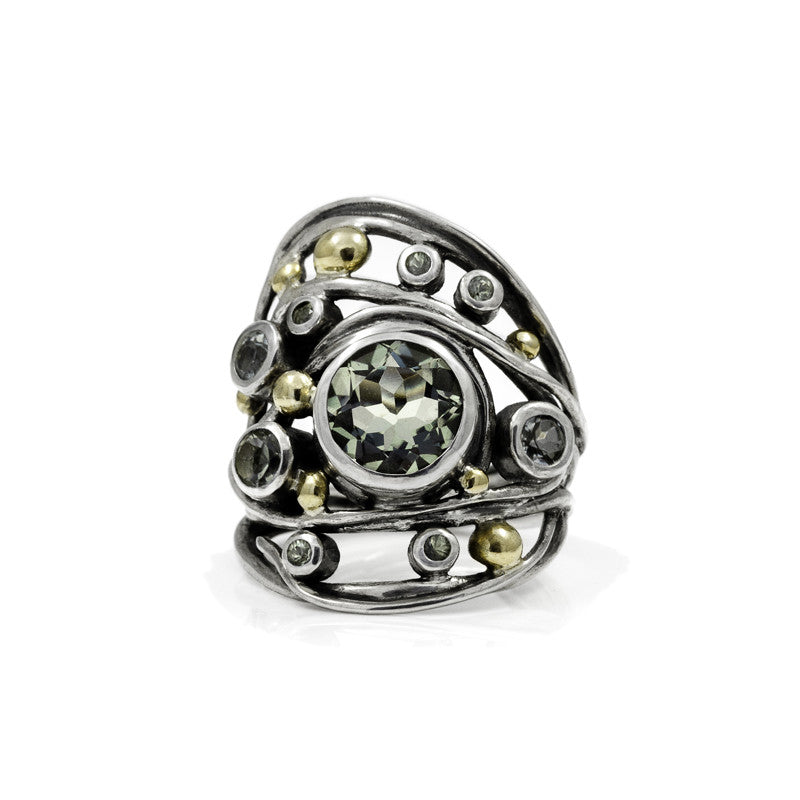 Sterling silver, green quartz and sapphire ring - READY TO WEAR
