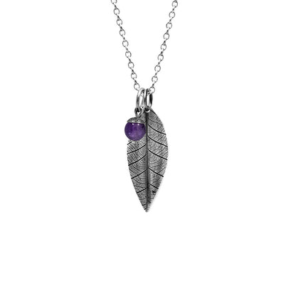 sterling silver leaf and acorn pendant with purple amethyst