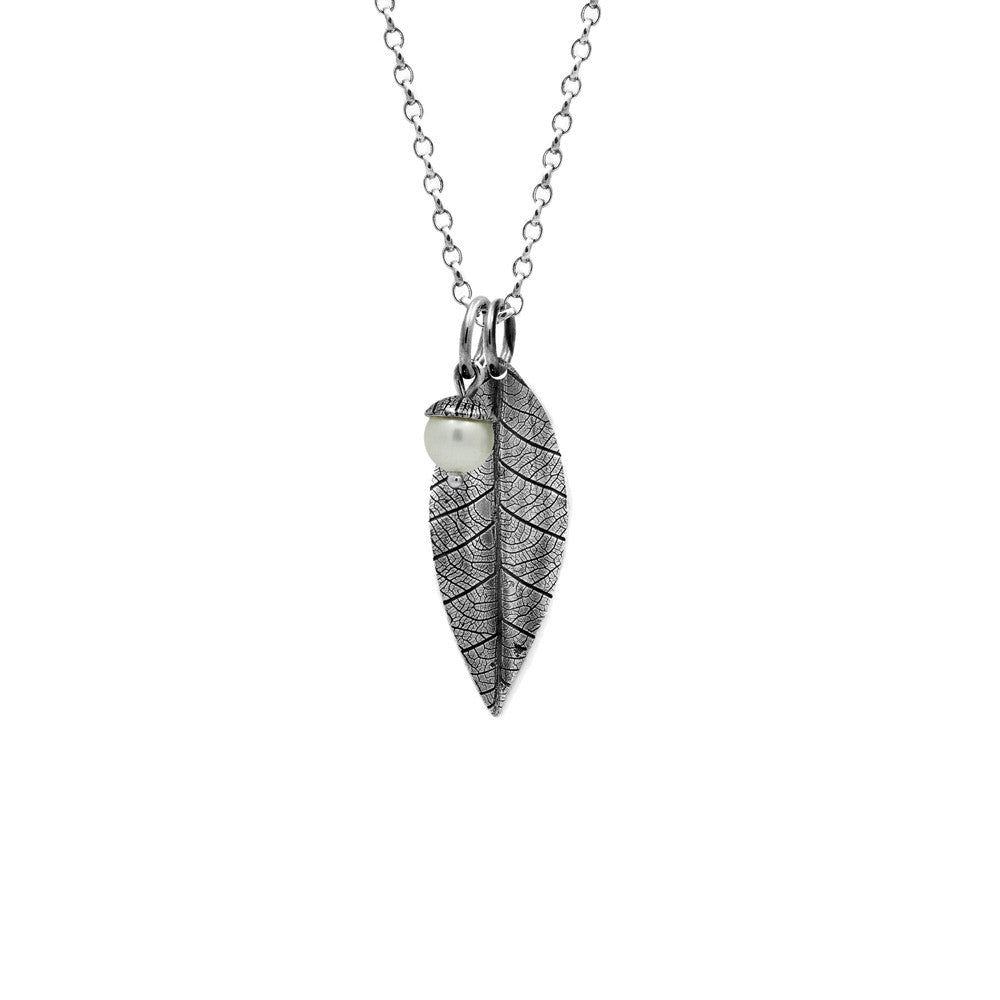 sterling silver leaf and acorn pendant with white pearl