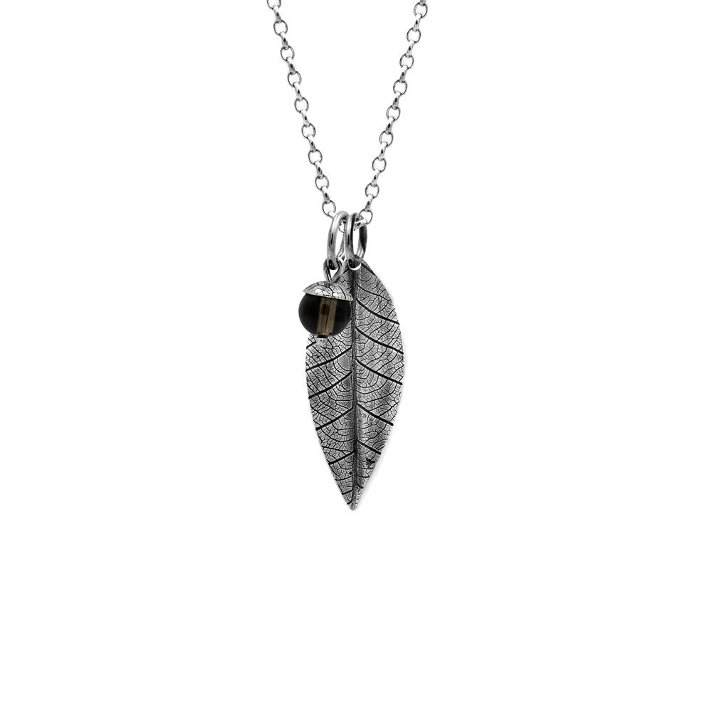 sterling silver leaf and acorn pendant with brown smoky quartz