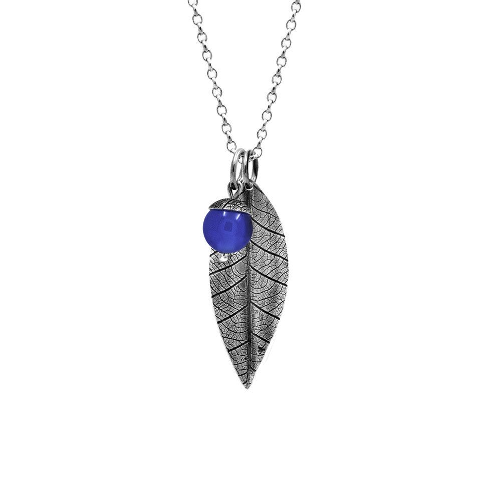 Sterling silver leaf pendant with acorn charm - blue agate - woodland charm pendant