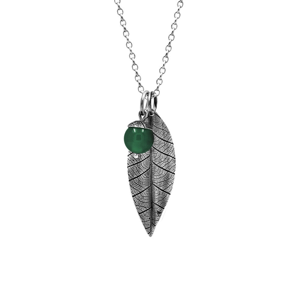 Sterling silver leaf pendant with acorn charm - green agate - woodland charm pendant