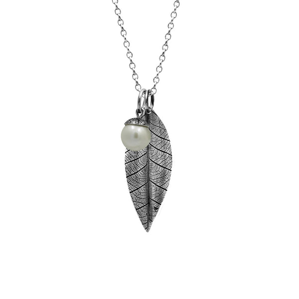 Sterling silver leaf pendant with acorn charm - pearl - woodland charm pendant