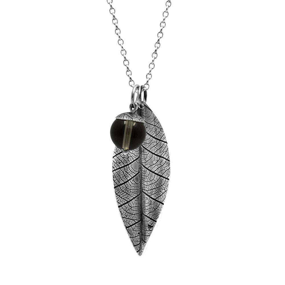 sterling silver leaf and acorn pendant with brown smoky quartz