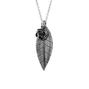 Silver leaf and rose charm necklace - large - ready to wear