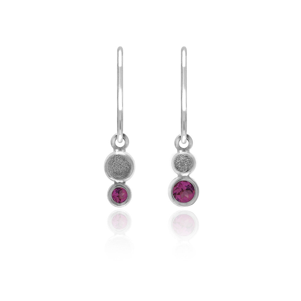 Halo drop earrings in textured sterling silver - rhodolite garnet