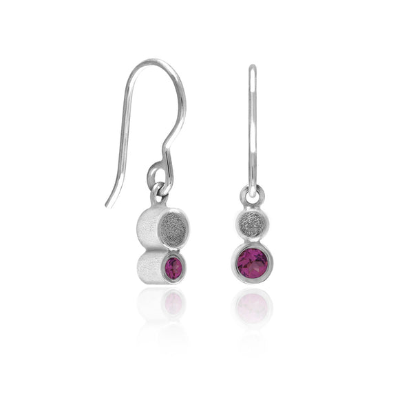 Halo drop earrings in textured sterling silver - rhodolite garnet